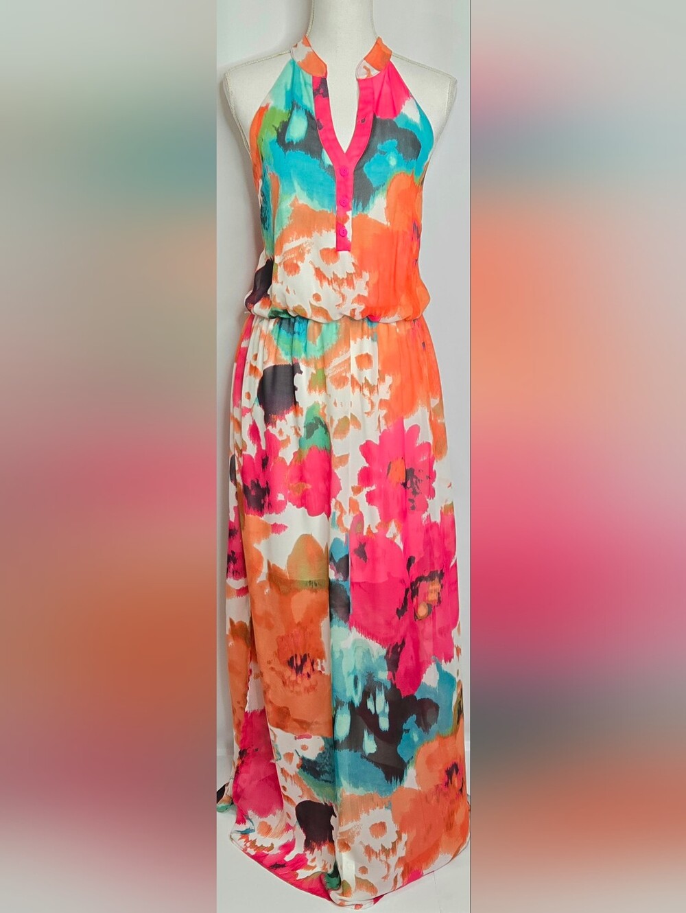 Bisou Bisou Watercolor Floral Halter Maxi Wedding Guest/Resort Dress NWOT 14